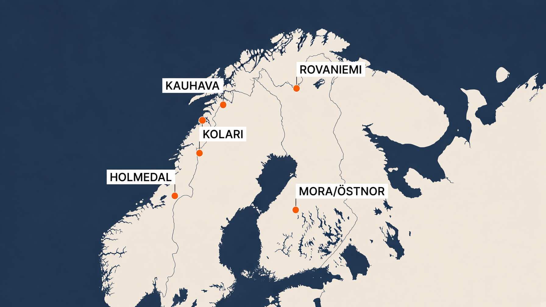 Carte des principaux ateliers de puukkos : Kauhava, Rovaniemi, Kolari, Holmedal, Mora.